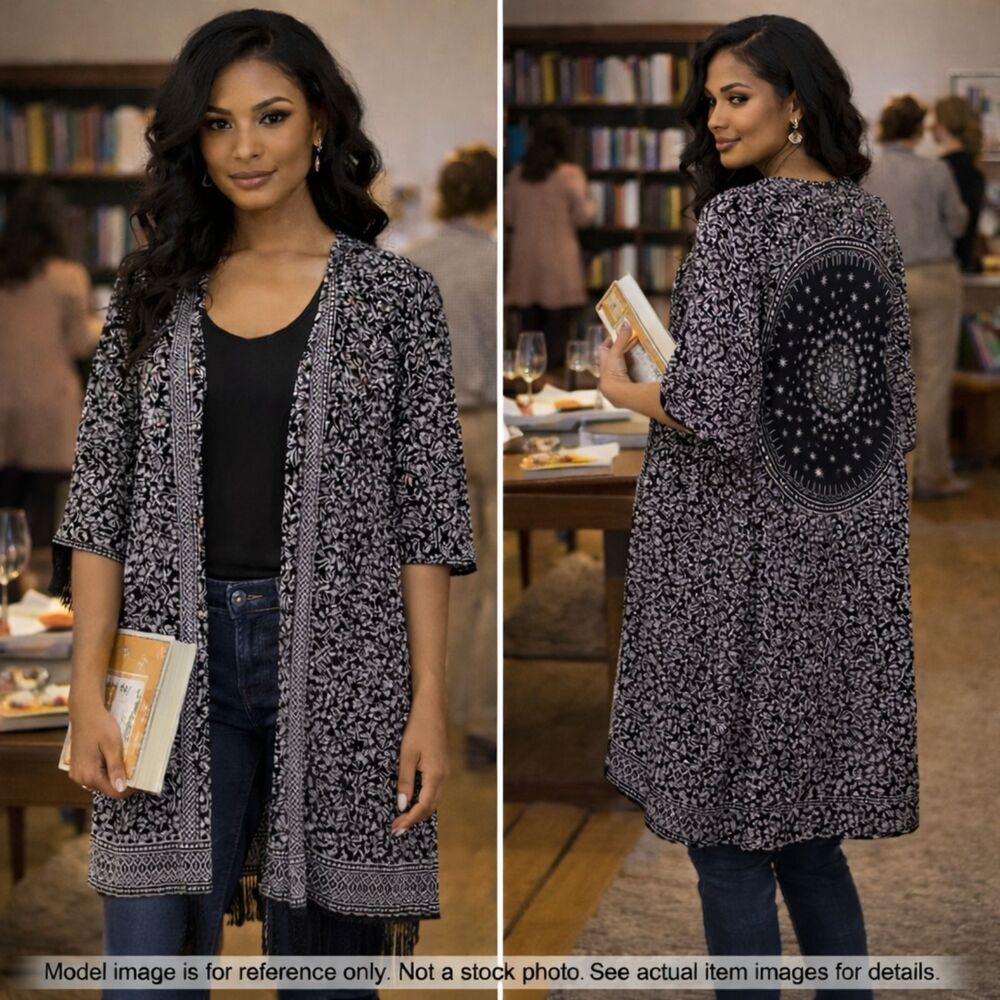 MNG Collection Black White Boho Kimono Cardigan Fringe Hem XS